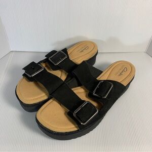 Clarks Black Suede Double-Buckle Slide Sandals